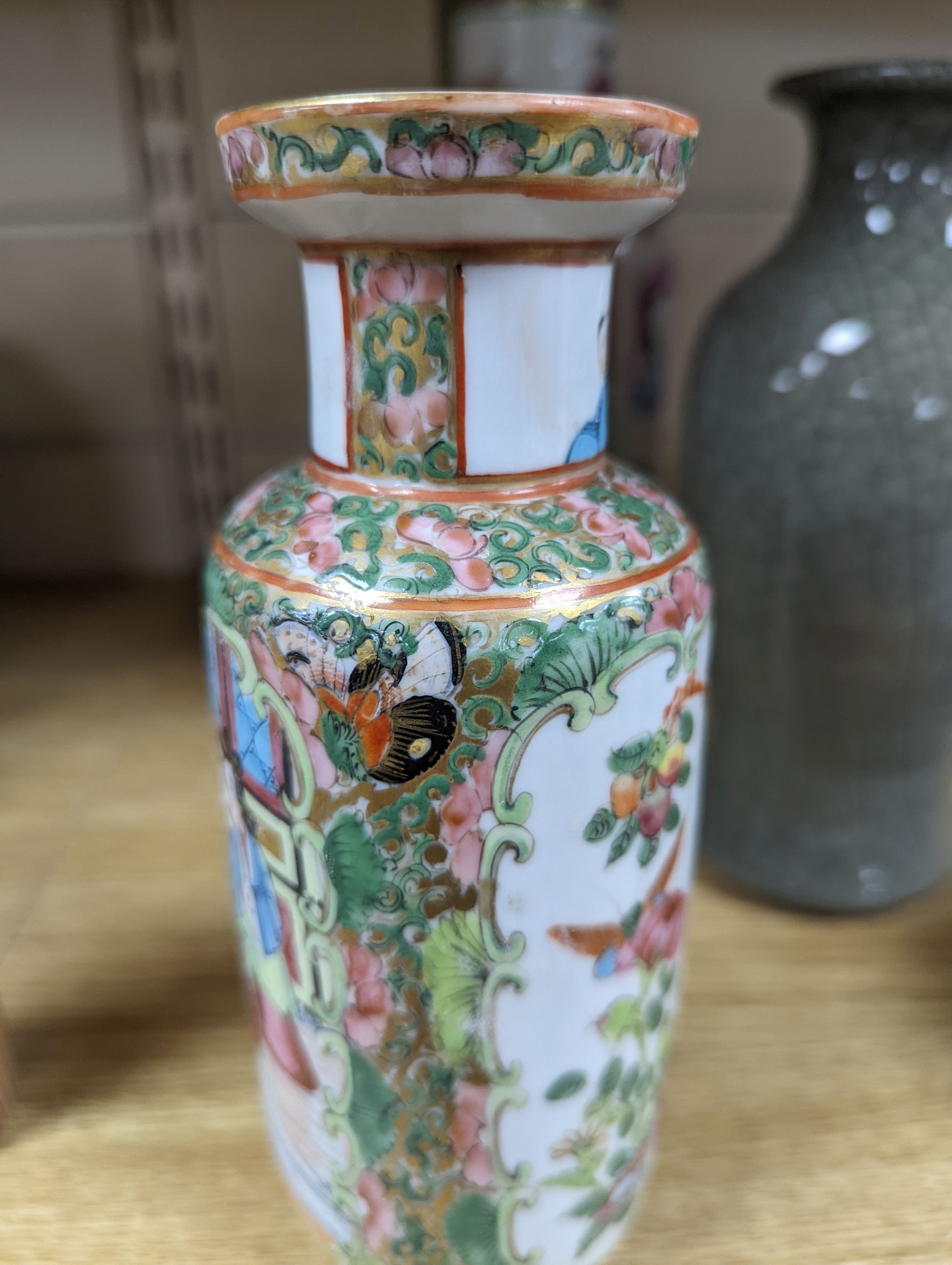 Two Chinese famille rose vases and a Celadon crackle glazed vase, 19th-century and later, tallest 25 cm